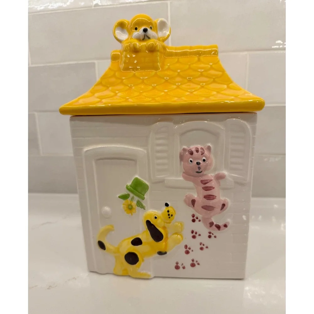 Cookie Jar House Dog Cat Mouse Large White Yellow Ceramic Vintage